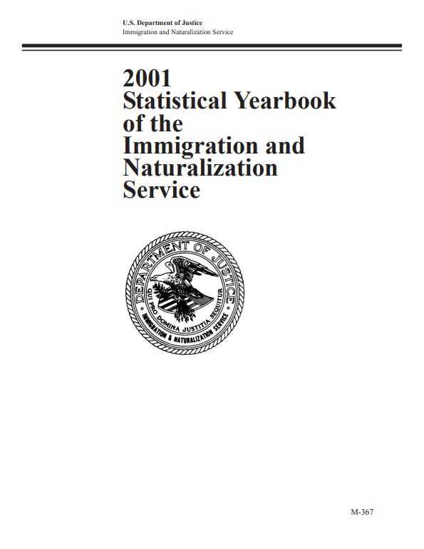 Title page of the 2001 Yearbook of Immigration Statistics featuring the Immigration and Naturalization Service seal. The seal is a variation on the seal of the Department of Justice and includes a bald eagle.
